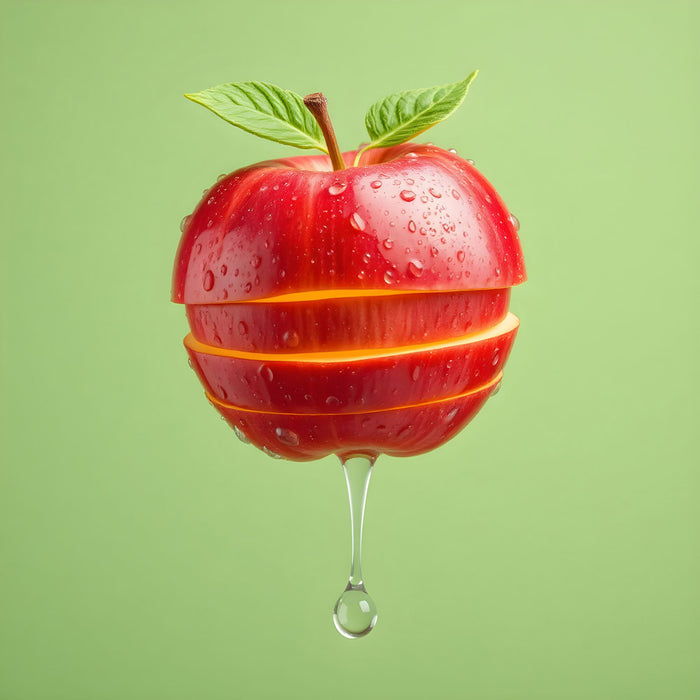 Red apple with water droplets on a green background.
