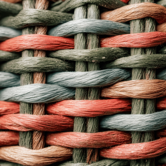 Close-up of woven pattern with red, gray, and brown colors.
