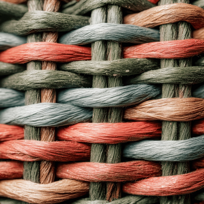 Close-up of woven pattern with red, gray, and brown colors.