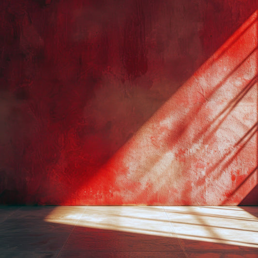 Red room with sunlight casting shadows on the wall.