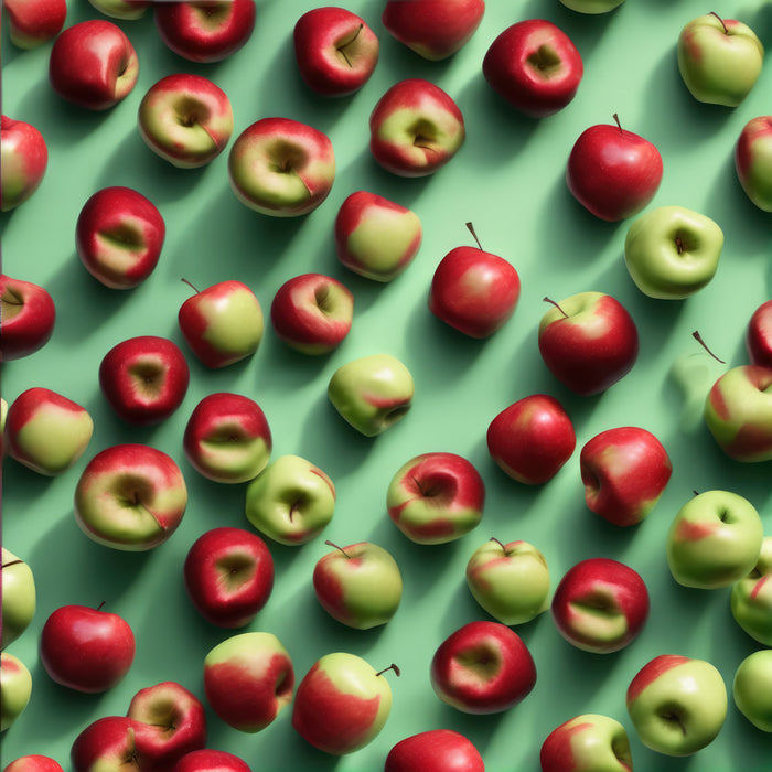Pattern of red and green apples on a green background.