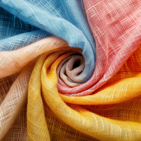 Close-up of colorful fabric swatches in blue, pink, yellow, and beige.