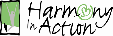 Logo for 'Harmony In Action' with a green heart and silhouette of a person.